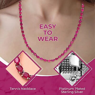 Niassa Ruby (FF) Tennis Necklace in Platinum Over Sterling Silver, Ruby Necklace, Line Necklace, Sterling Silver Necklace 18 Inches 63.00 ctw