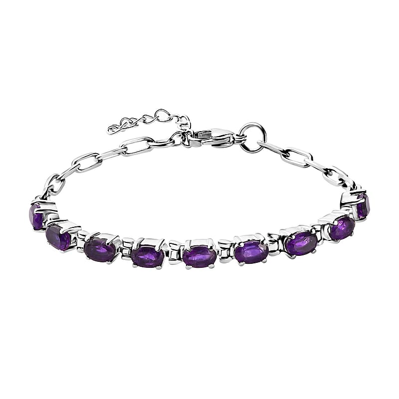 Amethyst Paper Clip Chain Bracelet in Platinum Bond and Stainless Steel (6.5-8.0In) 4.10 ctw