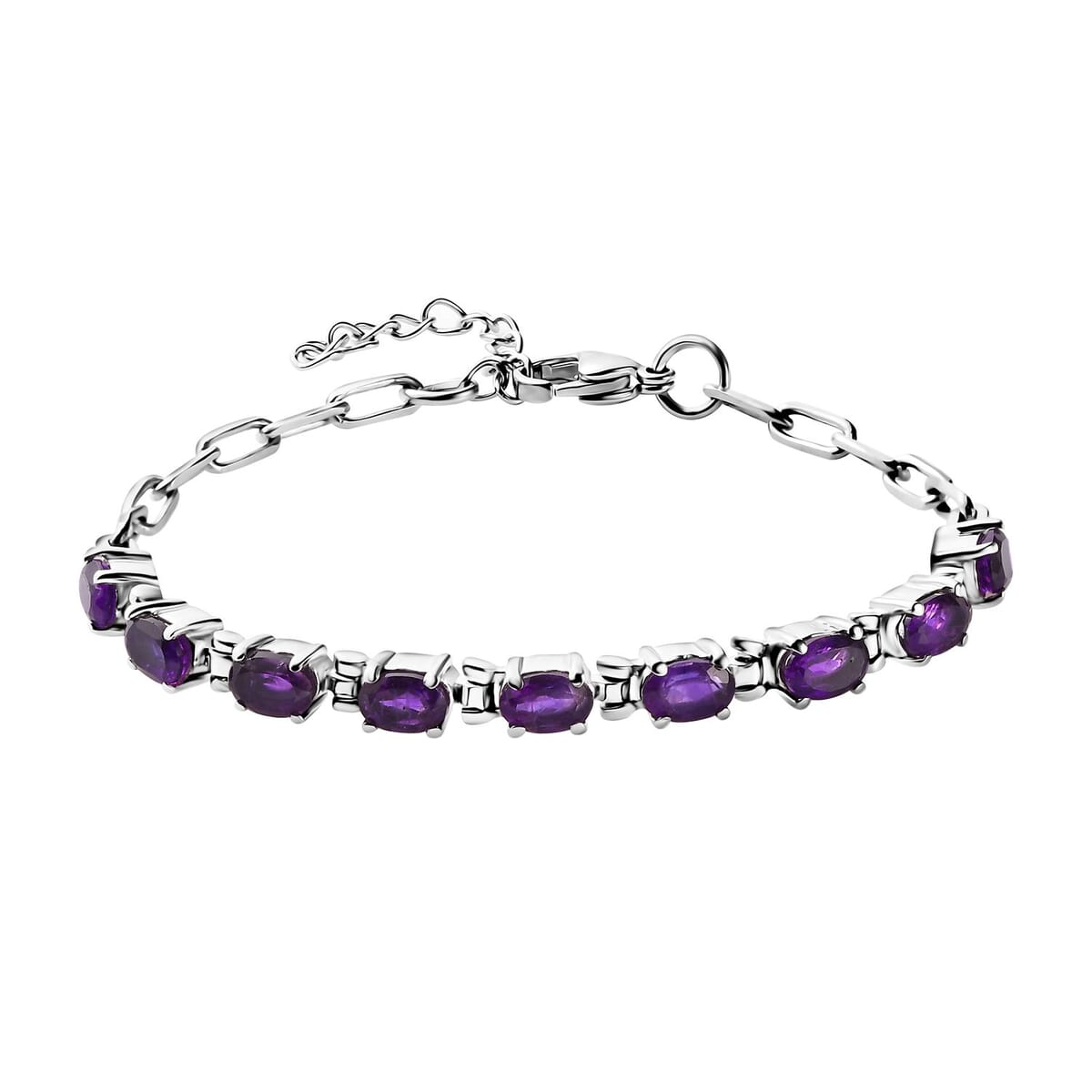 Amethyst Paper Clip Chain Bracelet in Platinum Bond and Stainless Steel (6.50 In) 4.10 ctw image number 0