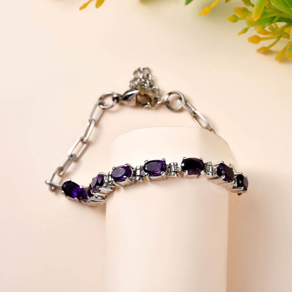 Amethyst Paper Clip Chain Bracelet in Platinum Bond and Stainless Steel (6.5-8.0In) 4.10 ctw image number 1