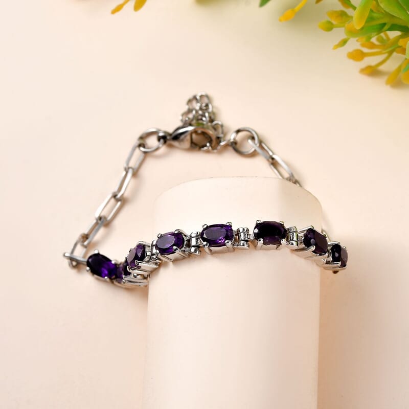 Amethyst Paper Clip Chain Bracelet in Platinum Bond and Stainless Steel (6.5-8.0In) 4.10 ctw