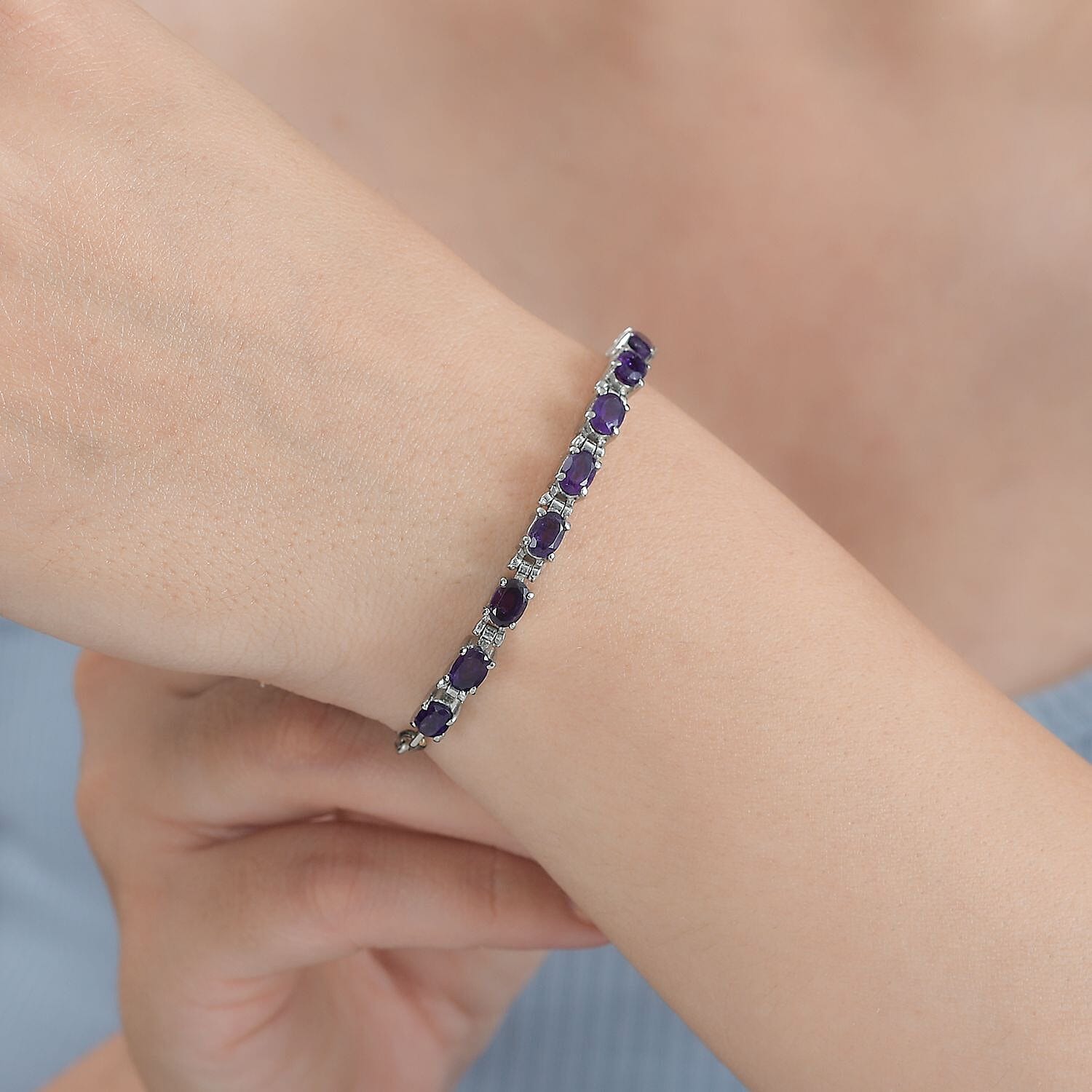 Amethyst Paper Clip Chain Bracelet in Platinum Bond and Stainless Steel (6.5-8.0In) 4.10 ctw