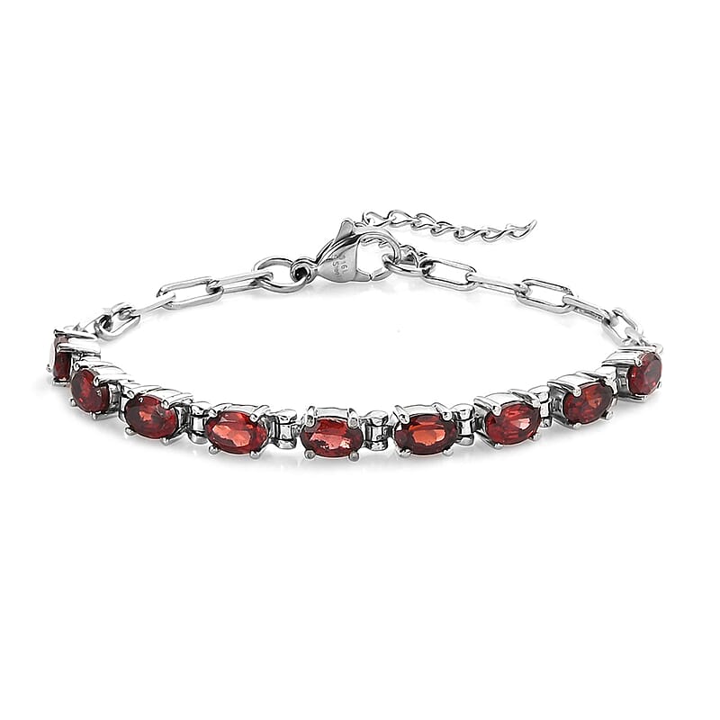 Mozambique Garnet 5.25 ctw Paper Clip Chain Bracelet in Platinum Bond and Stainless Steel (6.5-8.0In)