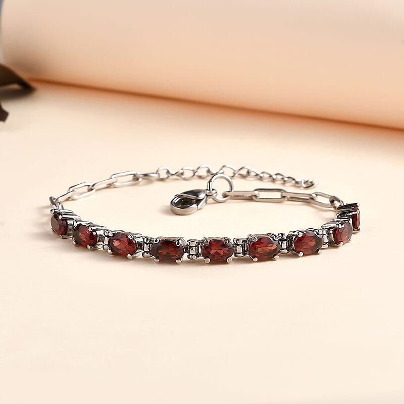 Mozambique Garnet 5.25 ctw Paper Clip Chain Bracelet in Platinum Bond and Stainless Steel (6.5-8.0In)