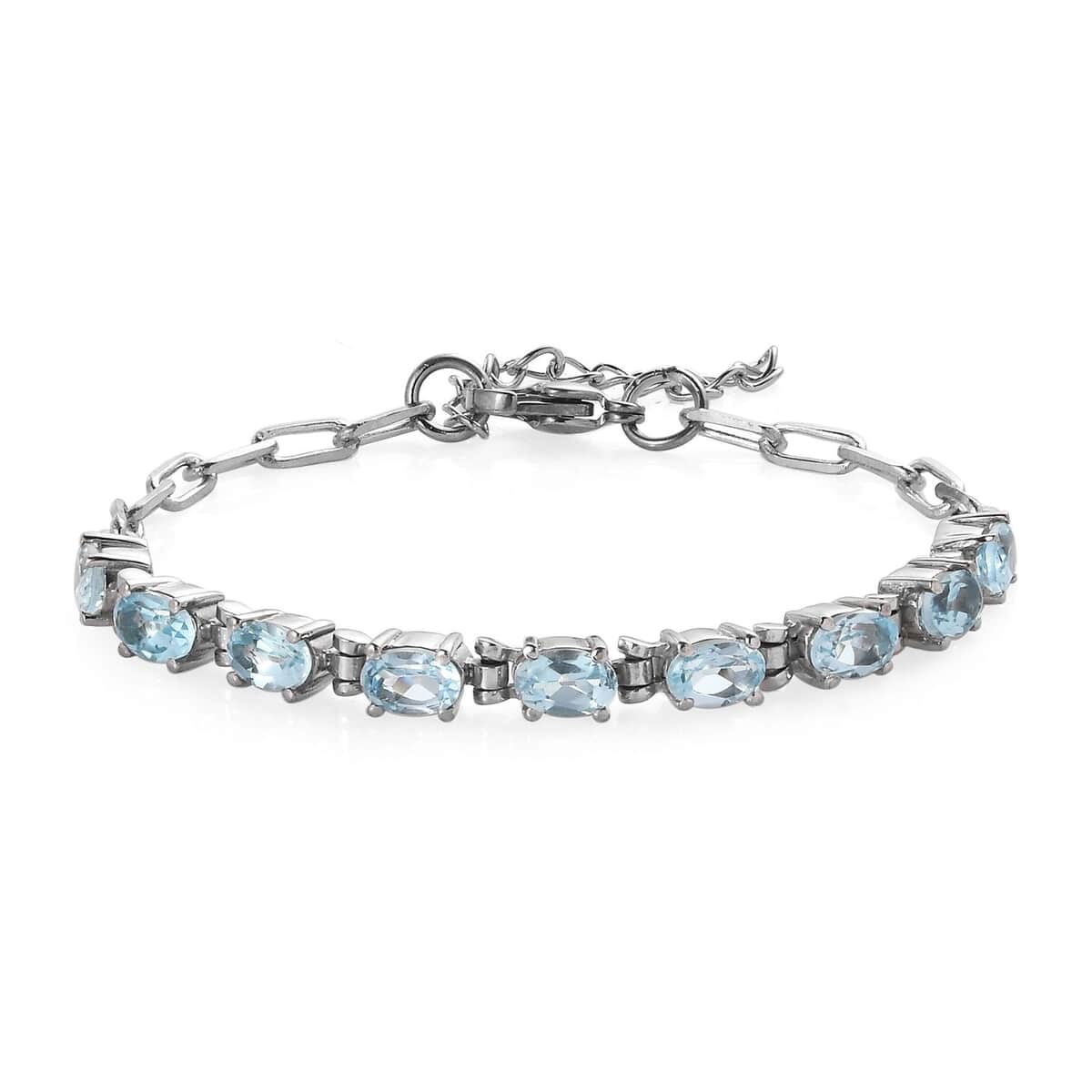 Sky Blue Topaz Paper Clip Chain Bracelet in Platinum Bond and Stainless Steel (6.50 In) 5.60 ctw image number 0