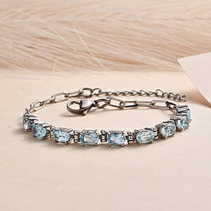 Sky Blue Topaz 5.60 ctw Paper Clip Chain Bracelet in Platinum Bond and Stainless Steel (6.5-8.0In)