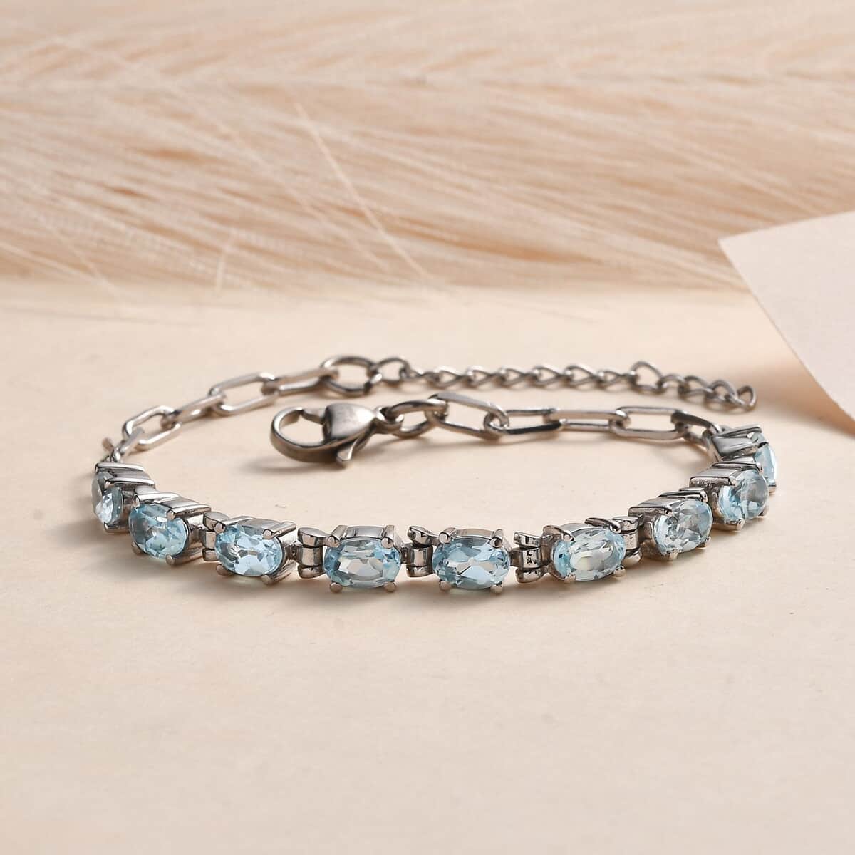 Sky Blue Topaz Paper Clip Chain Bracelet in Platinum Bond and Stainless Steel (6.50 In) 5.60 ctw image number 1
