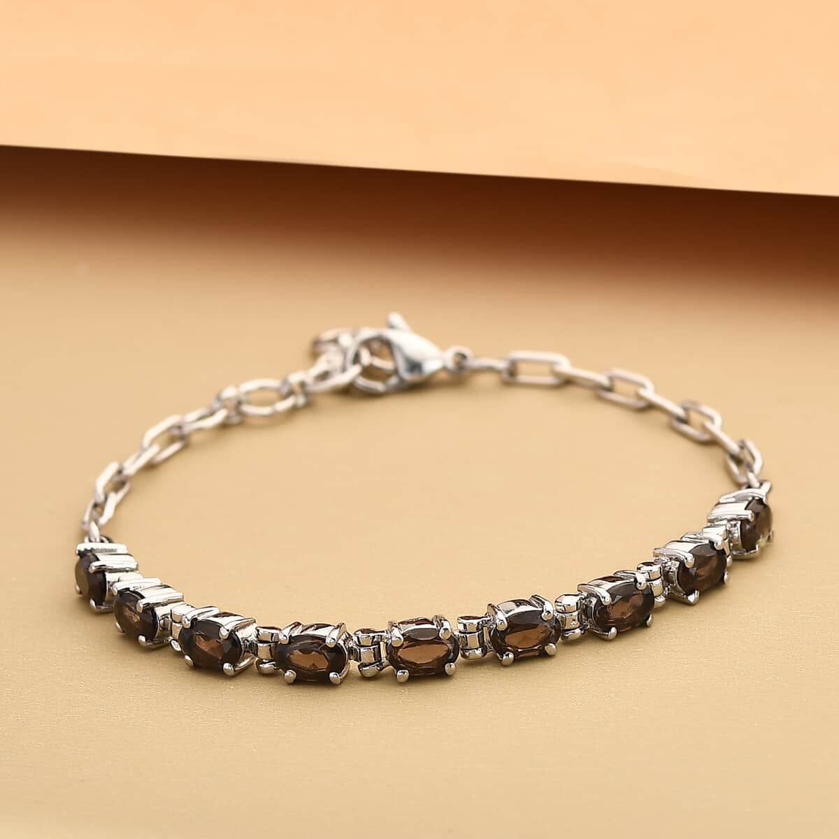 Brazilian Smoky Quartz Paper Clip Chain Bracelet in Platinum Bond and Stainless Steel (6.50 In) 3.75 ctw image number 1