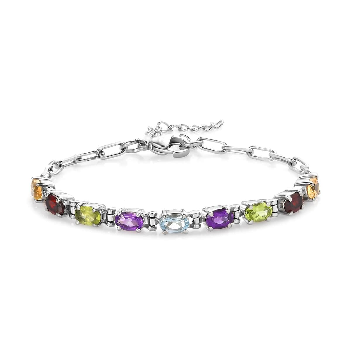 Multi Gemstone Paper Clip Chain Bracelet in Platinum Bond and Stainless Steel (6.50 In) 4.25 ctw , Tarnish-Free, Waterproof, Sweat Proof Jewelry image number 0