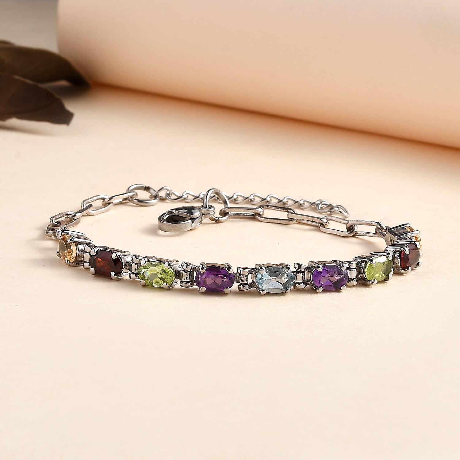 Buy Multi Gemstone Paper Clip Chain Bracelet in Platinum