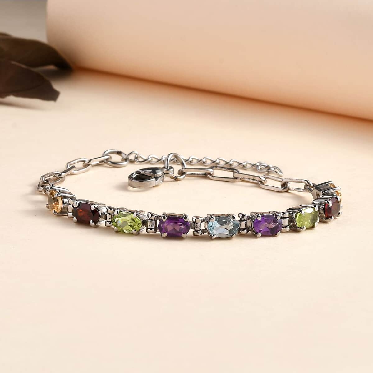 Multi Gemstone Paper Clip Chain Bracelet in Platinum Bond and Stainless Steel (6.50 In) 4.25 ctw , Tarnish-Free, Waterproof, Sweat Proof Jewelry image number 1