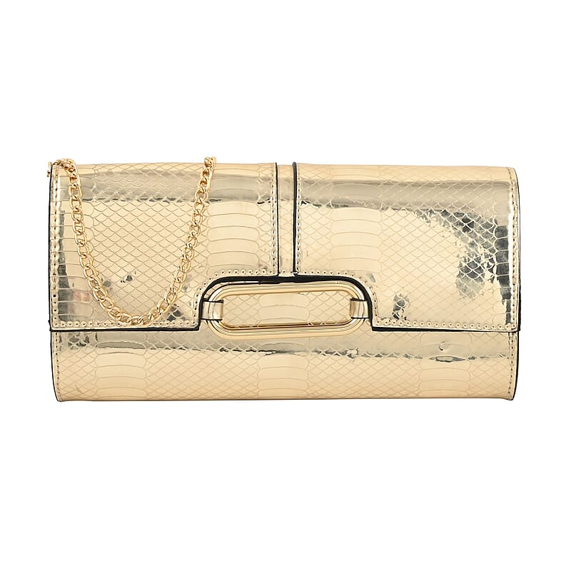 MC Golden Crocodile Pattern Faux Leather Clutch with Chain Strap