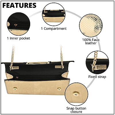 MC Golden Crocodile Pattern Faux Leather Clutch with Chain Strap