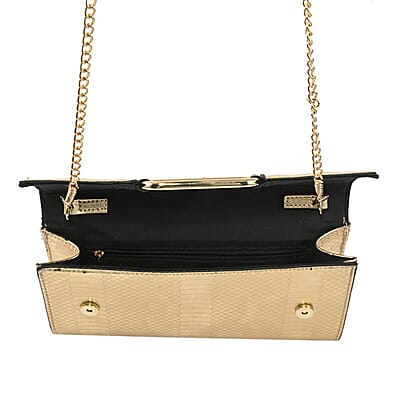 MC Golden Crocodile Pattern Faux Leather Clutch with Chain Strap