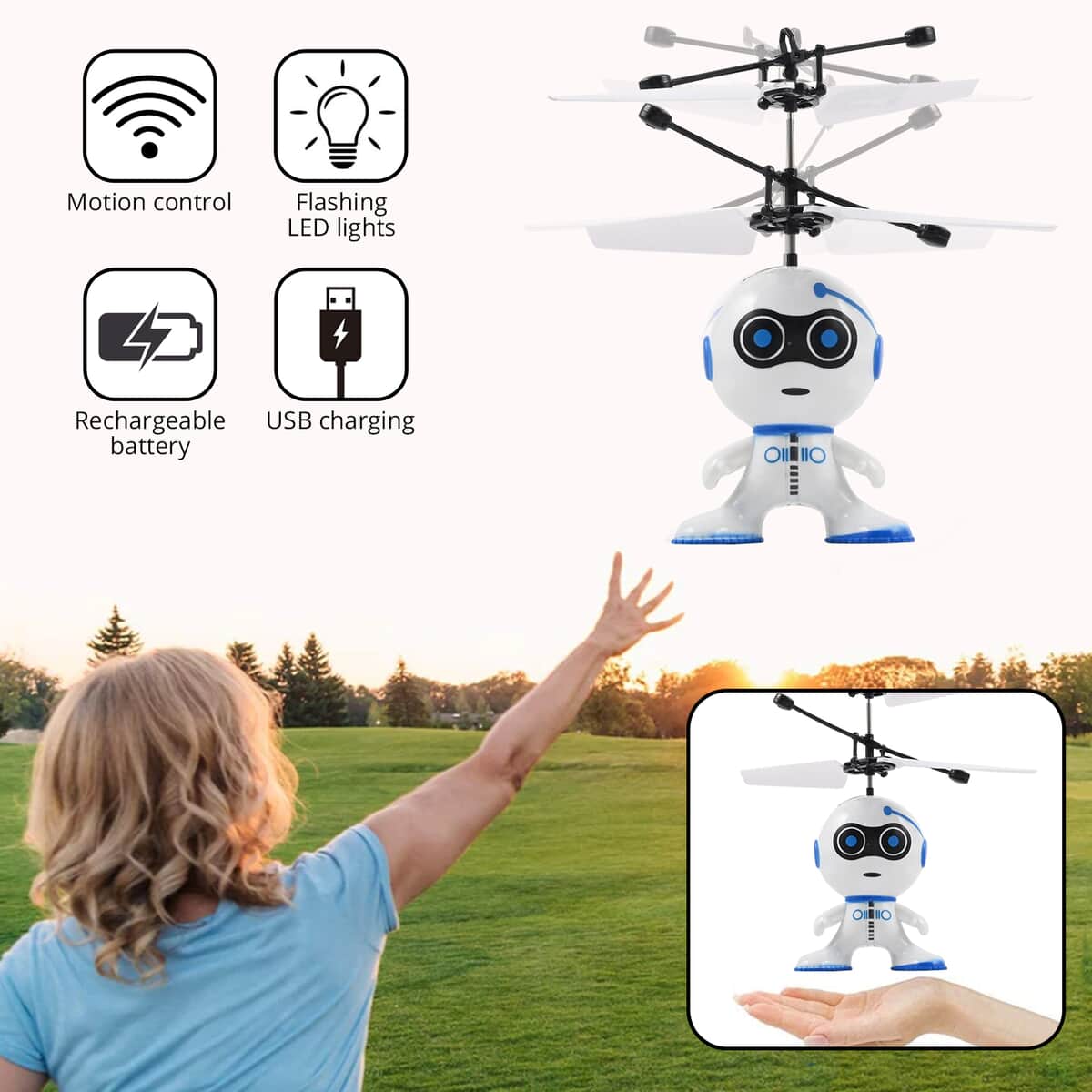 Robot Themed Motion Control Drone with Rechargeable Battery -Blue/White image number 1