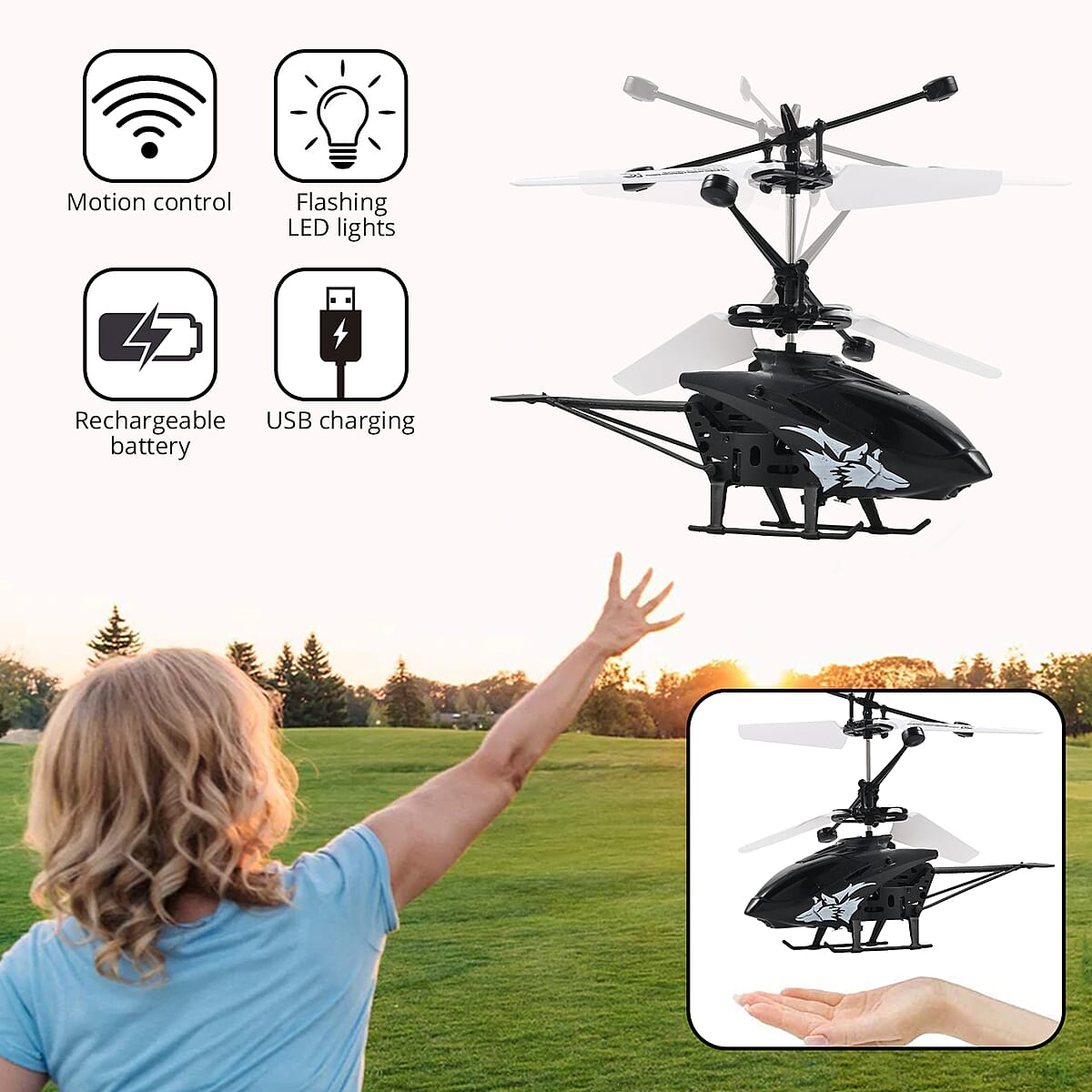 Shark Helicopter Motion Control Drone, Rechargeable Battery- Black image number 1