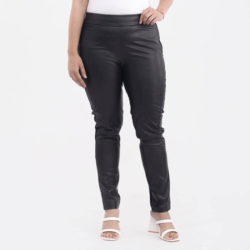 Tamsy Black Genuine Lamb Leather With Back Ponte Knit Legging - S