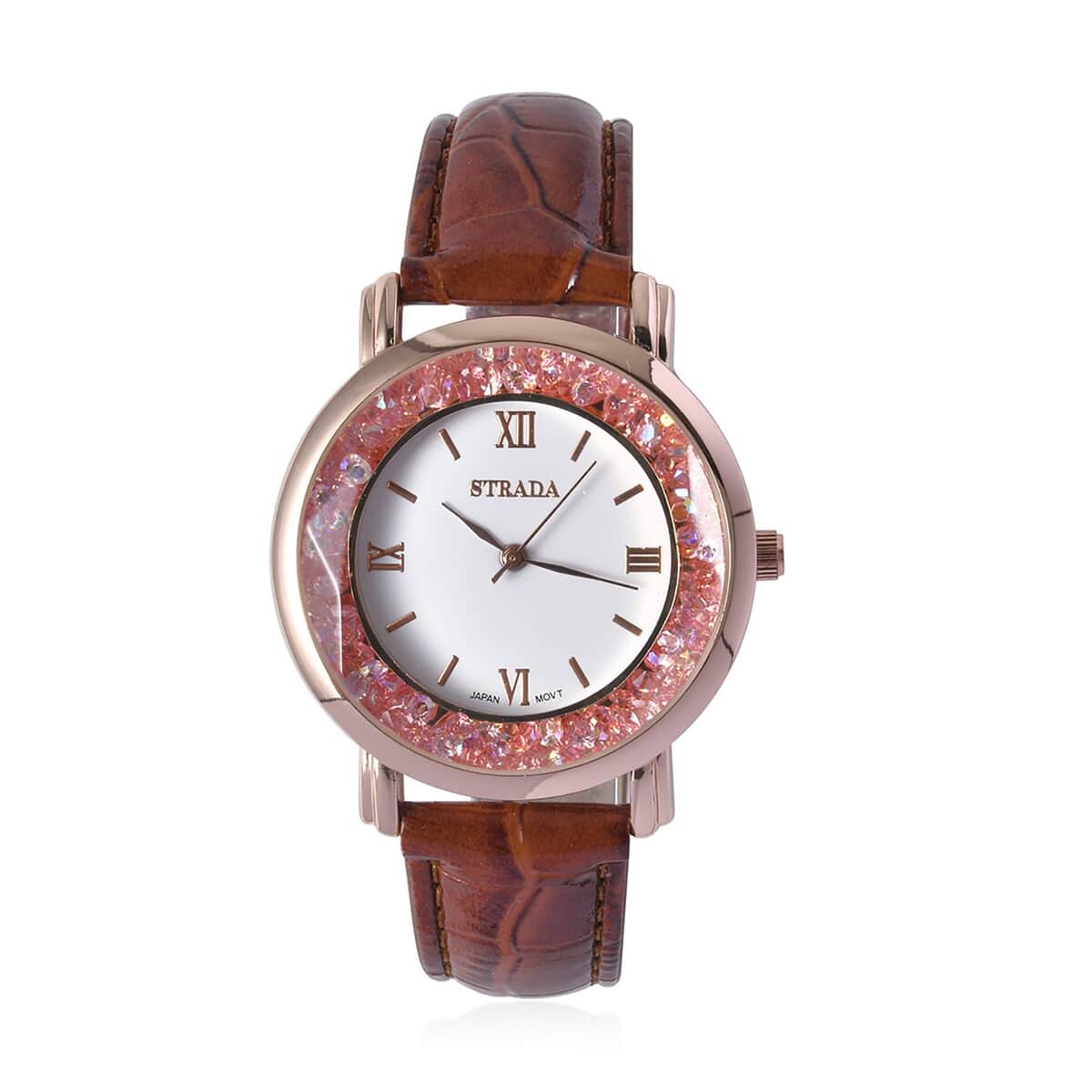 Strada Pink Magic Color Crystal Japanese Movement Watch with Brown Faux Leather Strap (38mm) (5.50-7.25Inches) image number 0