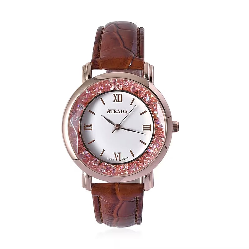 Strada Pink Magic Color Crystal Japanese Movement Watch with Brown Faux Leather Strap (38mm) (5.50-7.25Inches)