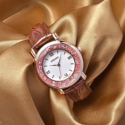 Strada Pink Magic Color Crystal Japanese Movement Watch with Brown Faux Leather Strap (38mm) (5.50-7.25Inches)