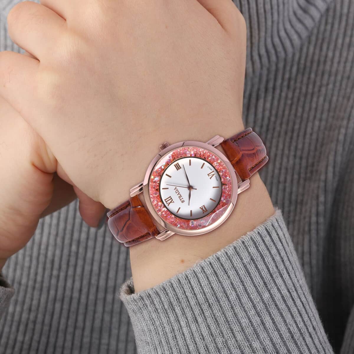 Strada Pink Magic Color Crystal Japanese Movement Watch with Brown Faux Leather Strap (38mm) (5.50-7.25Inches) image number 2