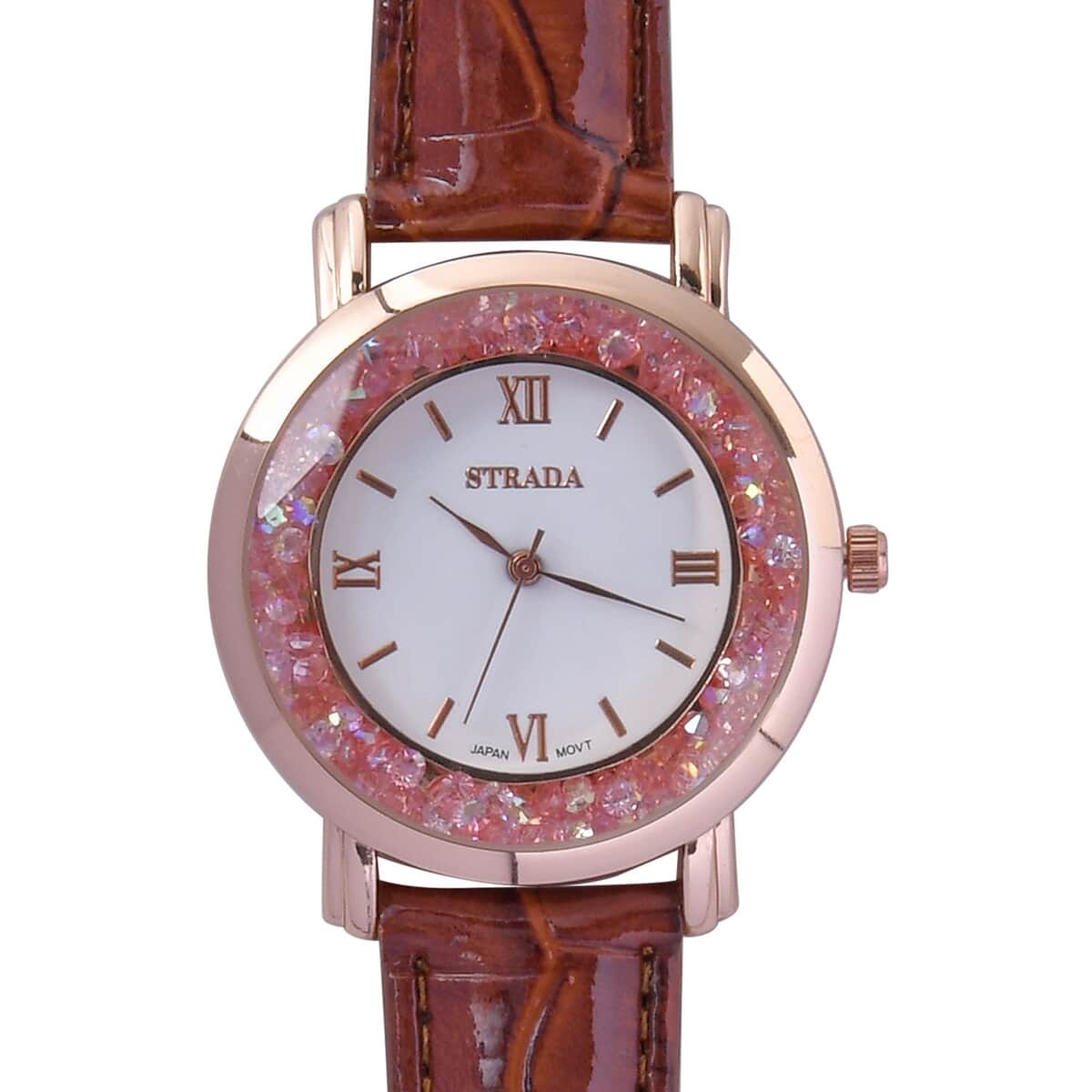 Strada Pink Magic Color Crystal Japanese Movement Watch with Brown Faux Leather Strap (38mm) (5.50-7.25Inches) image number 3