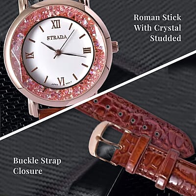 Strada Pink Magic Color Crystal Japanese Movement Watch with Brown Faux Leather Strap (38mm) (5.50-7.25Inches)