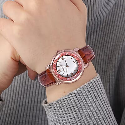 Strada Pink Magic Color Crystal Japanese Movement Watch with Brown Faux Leather Strap (38mm) (5.50-7.25Inches)