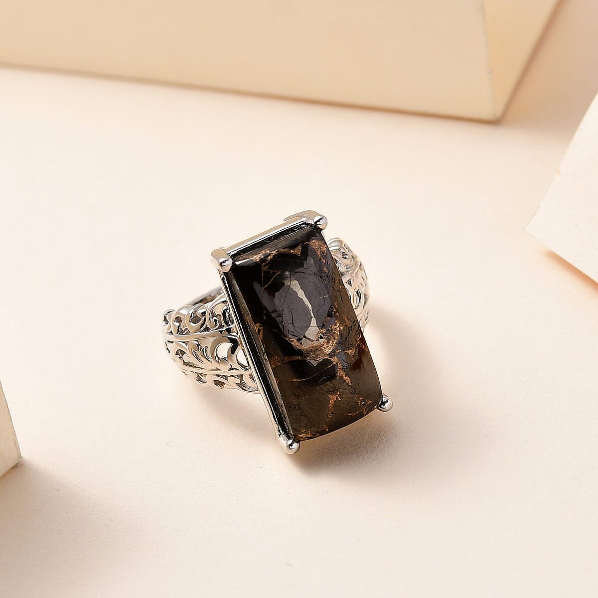 Doorbuster Matrix Silver Shungite Solitaire Ring in Platinum Over Copper with Magnet 9.35 ctw image number 1