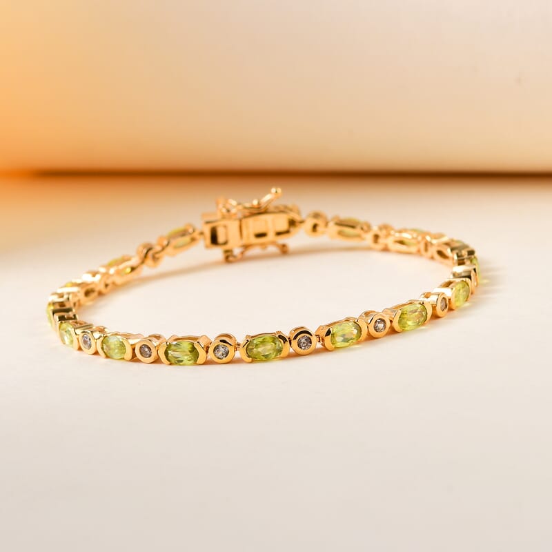 AAA Sava Sphene and Natural White Zircon Bracelet in Vermeil Yellow Gold Over Sterling Silver (6.50 In) 4.75 ctw