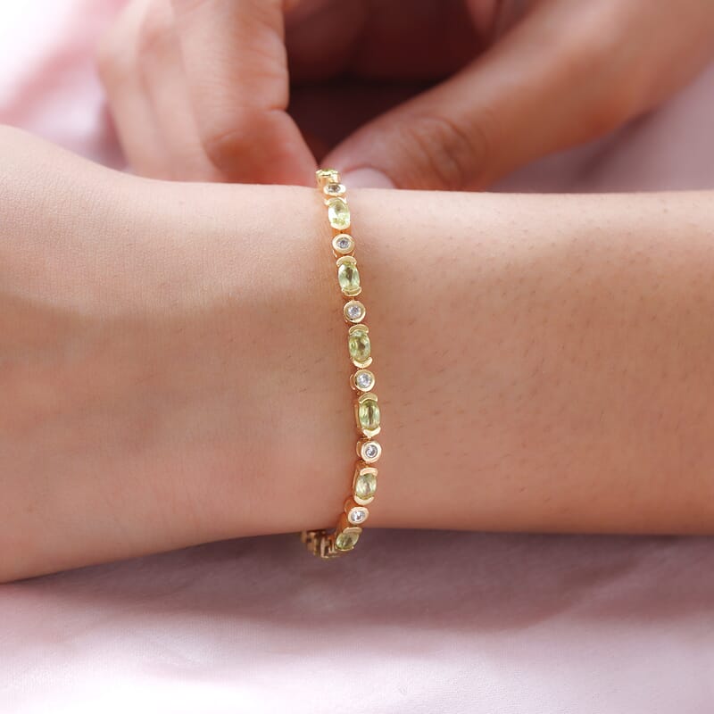 AAA Sava Sphene and Natural White Zircon Bracelet in Vermeil Yellow Gold Over Sterling Silver (6.50 In) 4.75 ctw