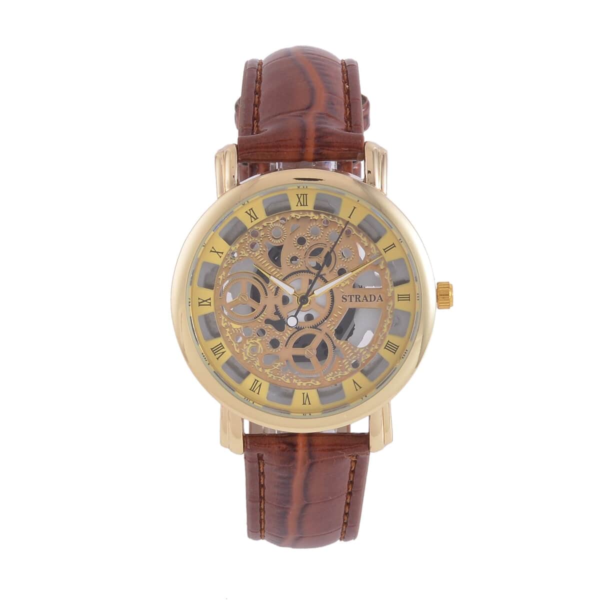 Strada Japanese Movement Skeleton Dial Watch with Brown Faux Leather Strap (38mm) (5.50-8.0Inches) image number 0
