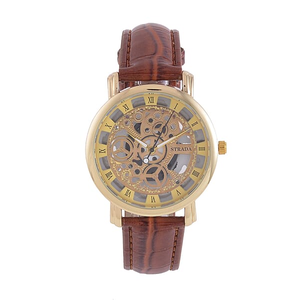 Strada Japanese Movement Skeleton Dial Watch with Brown Faux Leather Strap (38mm) (5.50-8.0Inches)