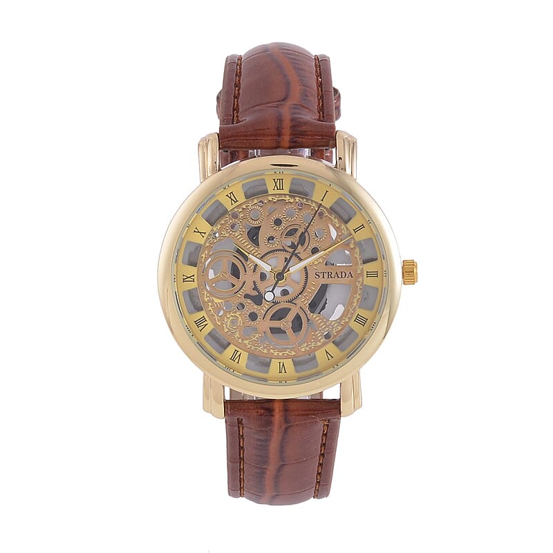 Strada Japanese Movement Skeleton Dial Watch with Brown Faux Leather Strap (38mm) (5.50-8.0Inches)