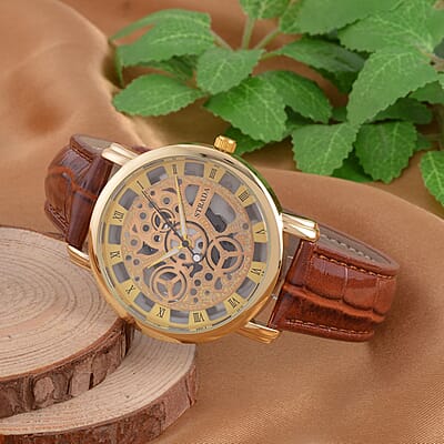 Strada Japanese Movement Skeleton Dial Watch with Brown Faux Leather Strap (38mm) (5.50-8.0Inches)