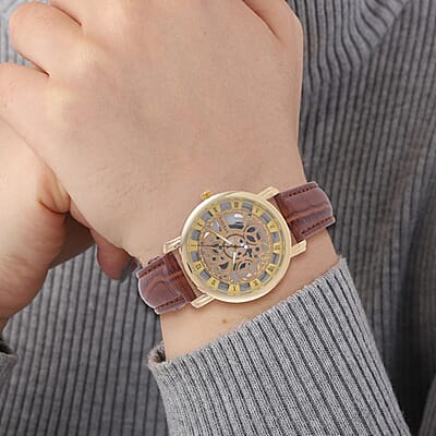 Strada Japanese Movement Skeleton Dial Watch with Brown Faux Leather Strap (38mm) (5.50-8.0Inches)