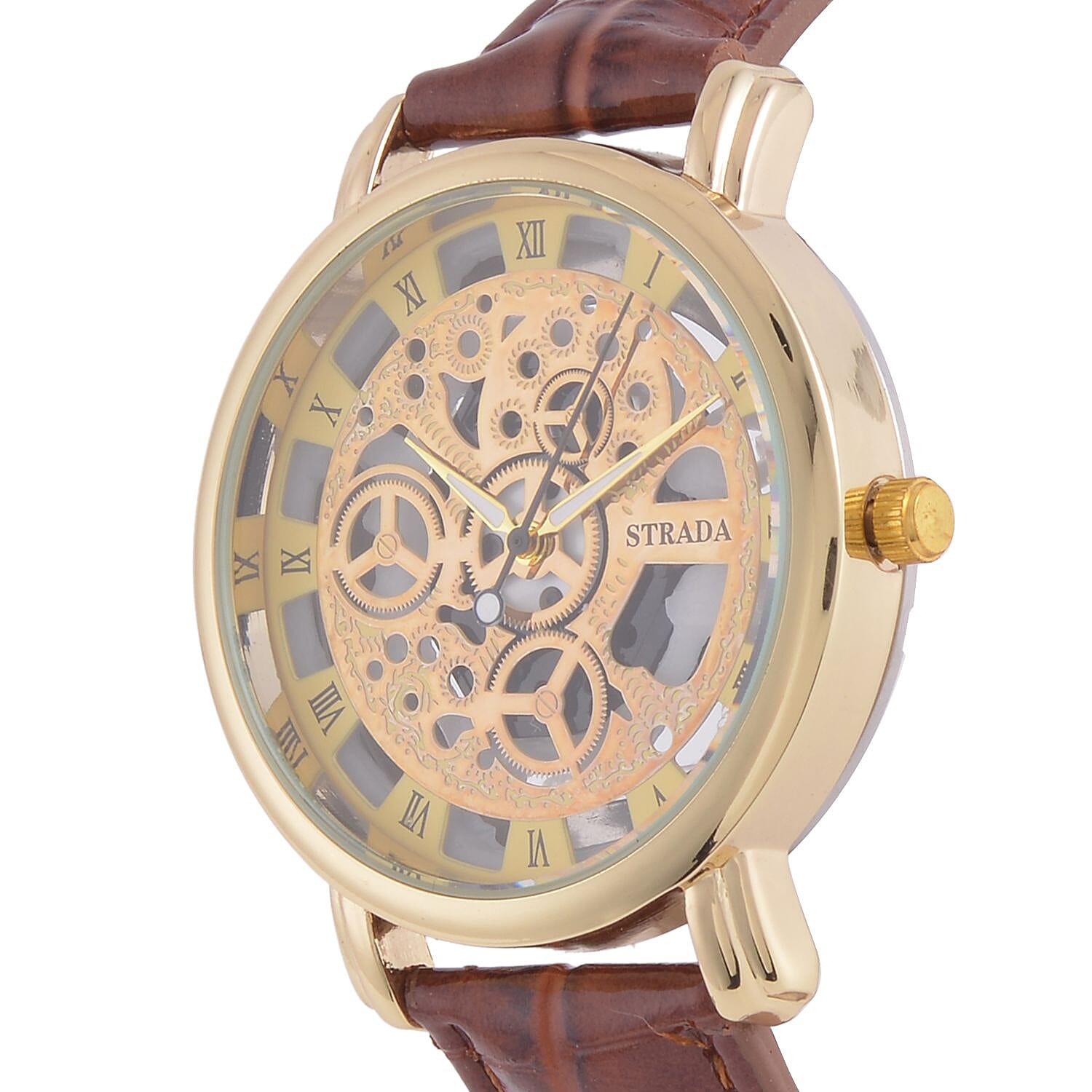 Strada Japanese Movement Skeleton Dial Watch with Brown Faux Leather Strap (38mm) (5.50-8.0Inches)