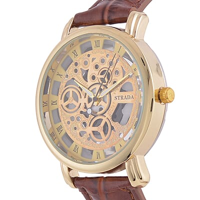 Strada Japanese Movement Skeleton Dial Watch with Brown Faux Leather Strap (38mm) (5.50-8.0Inches)