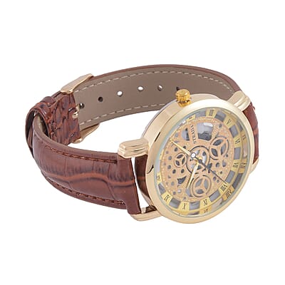 Strada Japanese Movement Skeleton Dial Watch with Brown Faux Leather Strap (38mm) (5.50-8.0Inches)