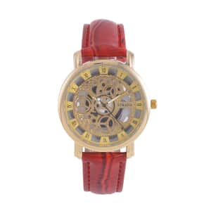 Strada Japanese Movement Skeleton Dial Watch with Red Faux Leather Strap (38mm) (5.50-8.0Inches)