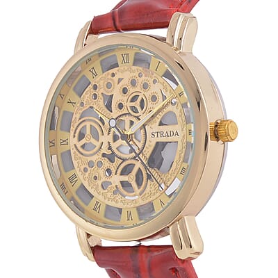 Strada Japanese Movement Skeleton Dial Watch with Red Faux Leather Strap (38mm) (5.50-8.0Inches)