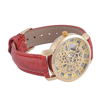 Strada Japanese Movement Skeleton Dial Watch with Red Faux Leather Strap (38mm) (5.50-8.0Inches)