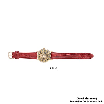 Strada Japanese Movement Skeleton Dial Watch with Red Faux Leather Strap (38mm) (5.50-8.0Inches)
