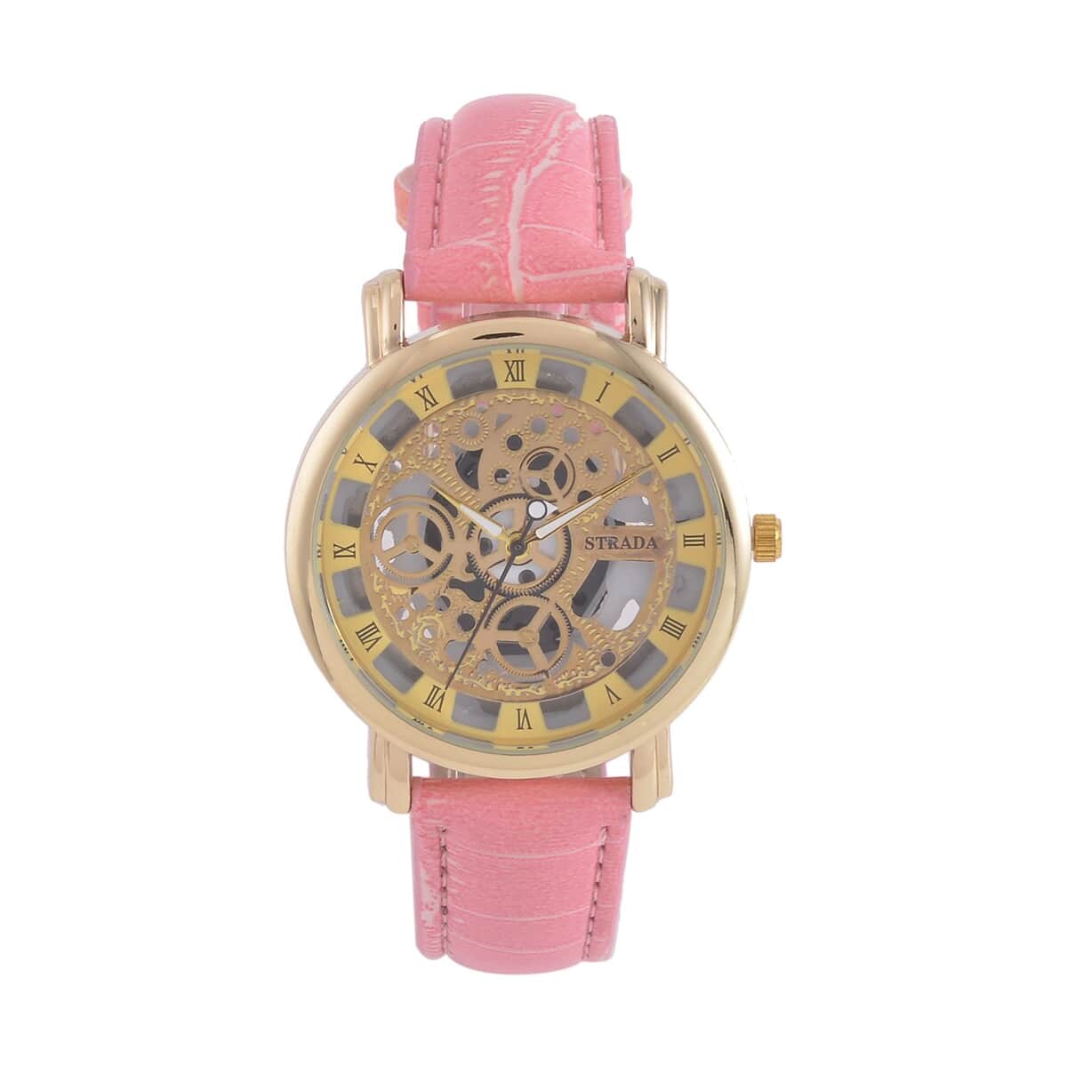 Strada Japanese Movement Skeleton Dial Watch with Pink Faux Leather Strap (38mm) (5.50-8.0Inches) image number 0