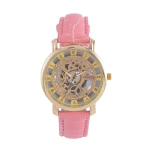 Strada Japanese Movement Skeleton Dial Watch with Pink Faux Leather Strap (38mm) (5.50-8.0Inches)