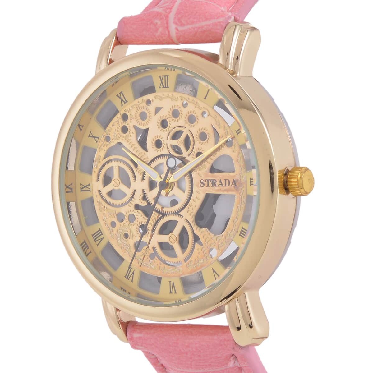 Strada Japanese Movement Skeleton Dial Watch with Pink Faux Leather Strap (38mm) (5.50-8.0Inches) image number 3