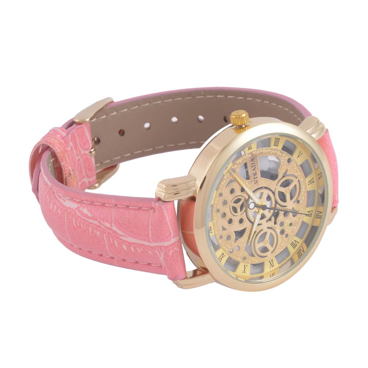 Strada Japanese Movement Skeleton Dial Watch with Pink Faux Leather Strap (38mm) (5.50-8.0Inches) image number 4