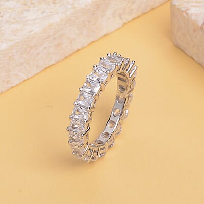 Simulated Diamond Half Eternity Band Ring in Rhodium Over Sterling Silver (Size 8.5) 7.20 ctw