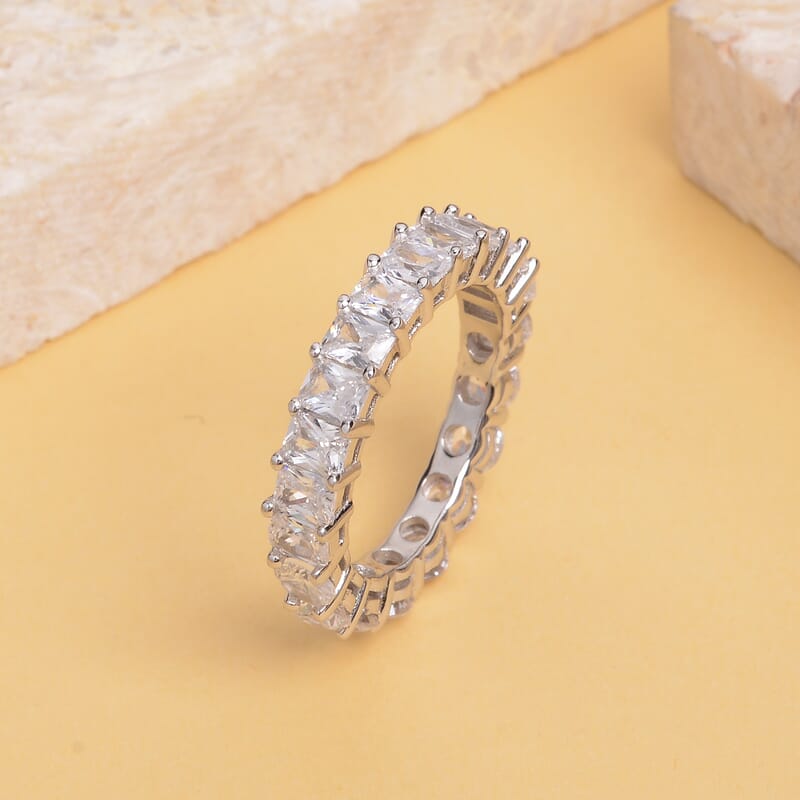 Simulated Diamond Half Eternity Band Ring in Rhodium Over Sterling Silver (Size 8.5) 7.20 ctw