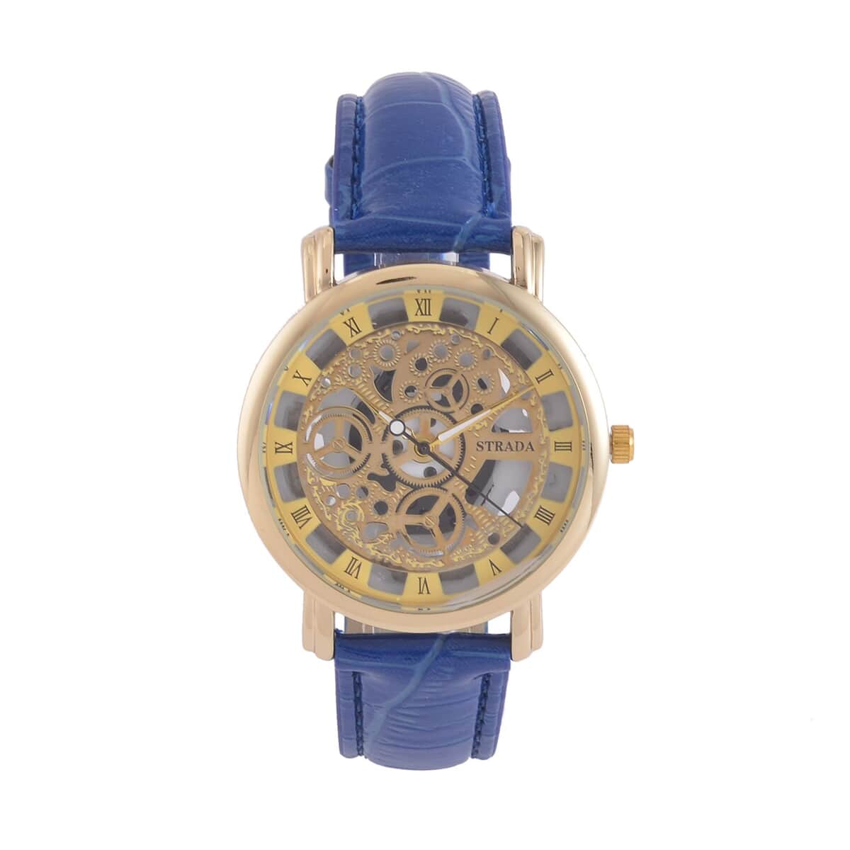 Strada Japanese Movement Skeleton Dial Watch with Blue Faux Leather Strap (38mm) (5.50-8.0Inches) image number 0